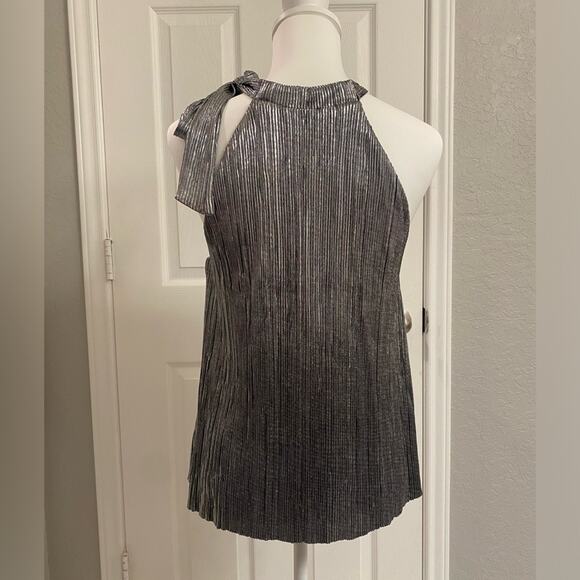 1.State Metallic Silver Pleated Halter  Plissè Tie-Neck Flowy Party Blouse - Picture 5 of 7